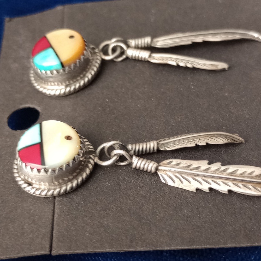 Sterling Silver Feather Earrings with SunFace Multicolor Inlay Studs Signed PH - Picture 15 of 15